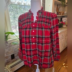 J. Crew Red Plaid Smocked Blouse with Green Accents Dize XS